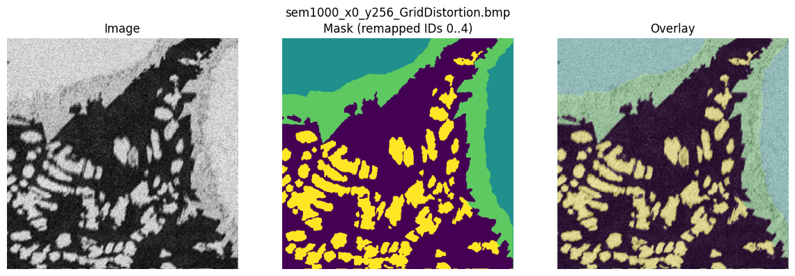 SEM microstructure segmentation overview showing original image, remapped mask labels, and model overlay